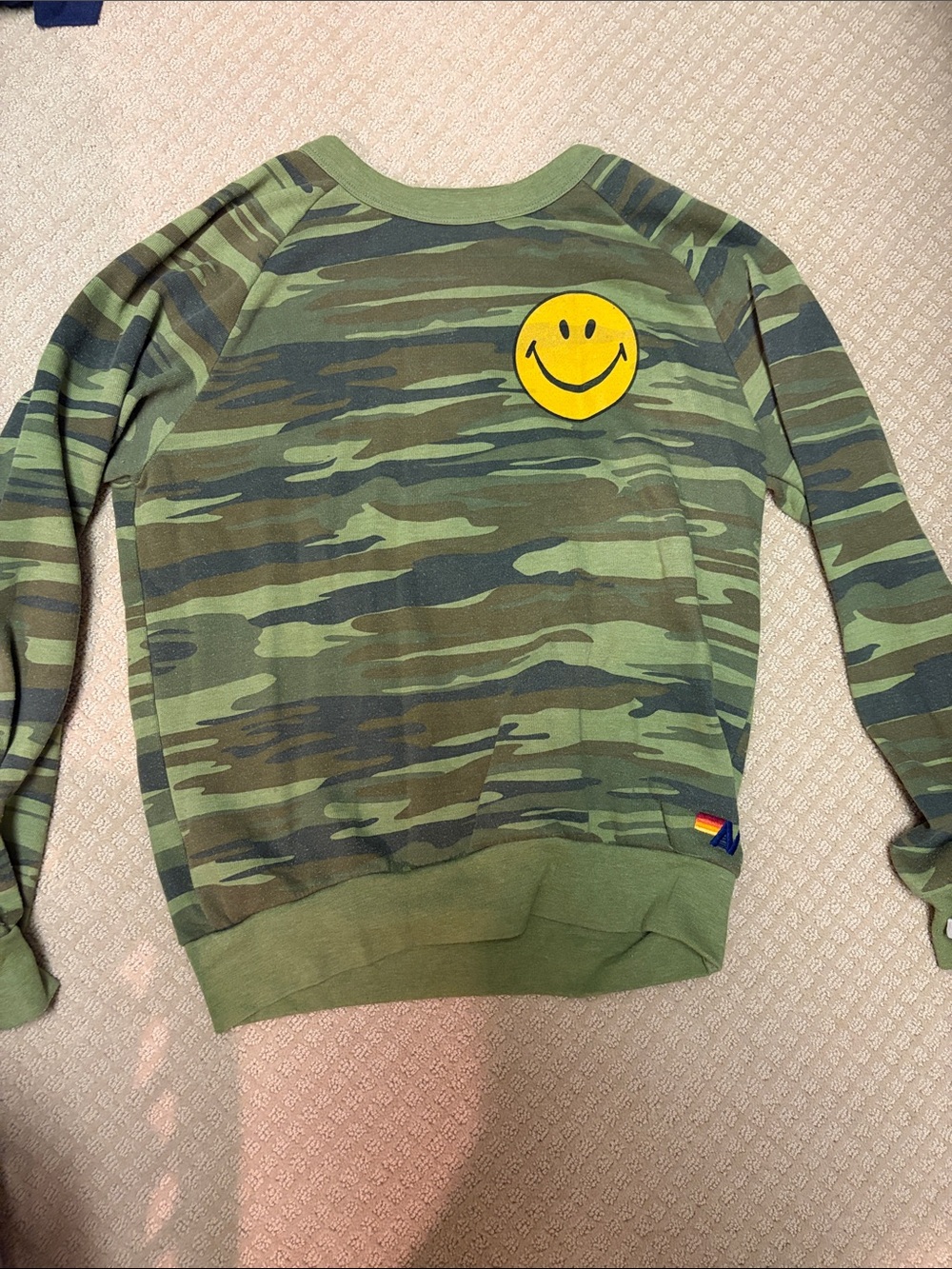 Aviator Nation Green Camo Sweatshirt with Yellow Smiley Patch